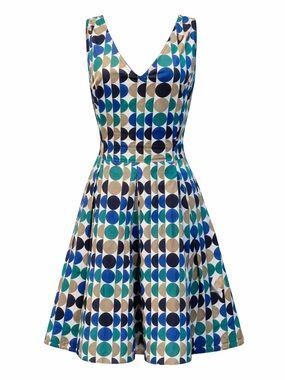Banana Republic Geo Polka Dot Fit&Flare Dress – Blue/Green/Tan/Black – Size 14